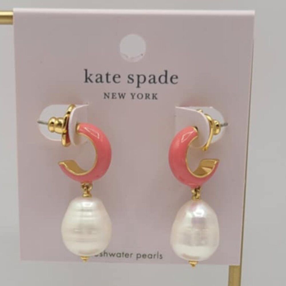 Kate Spade Pink Enamel Huggie Stud Hoop with Peal Dangle NWT! NEW!